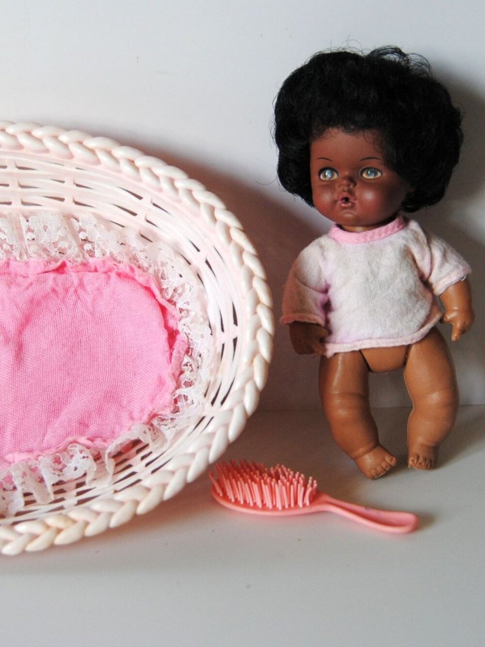 Vintage Doll Girl African American Made in Hong Kong 7" Plastic Basket, Brush